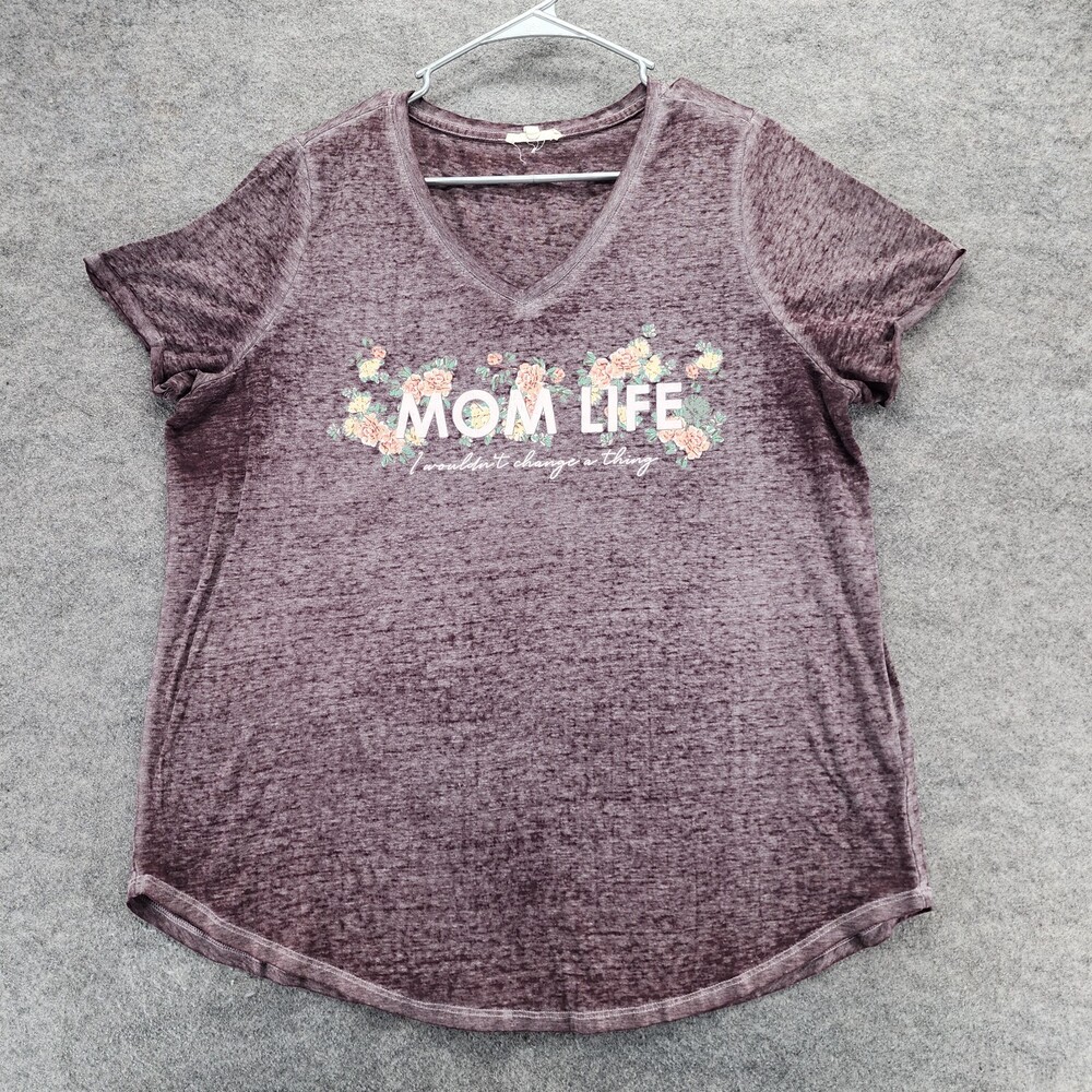 Maurices Shirt Womens 0X Short Sleeve Purple V Neck Mom Life